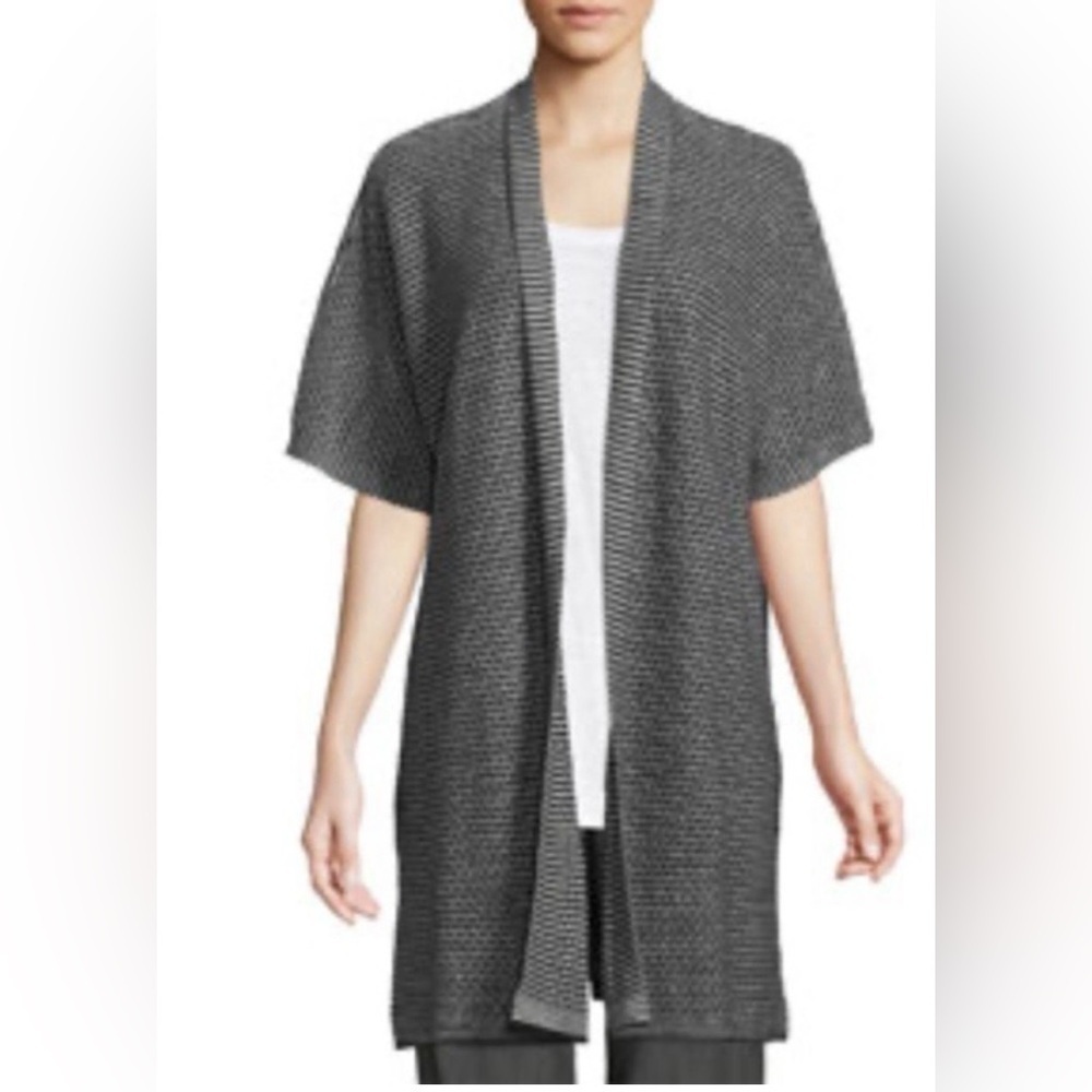 Eileen Fisher Open Front Cardigan Size XL Organic Linen Gray Black Short Sleeve